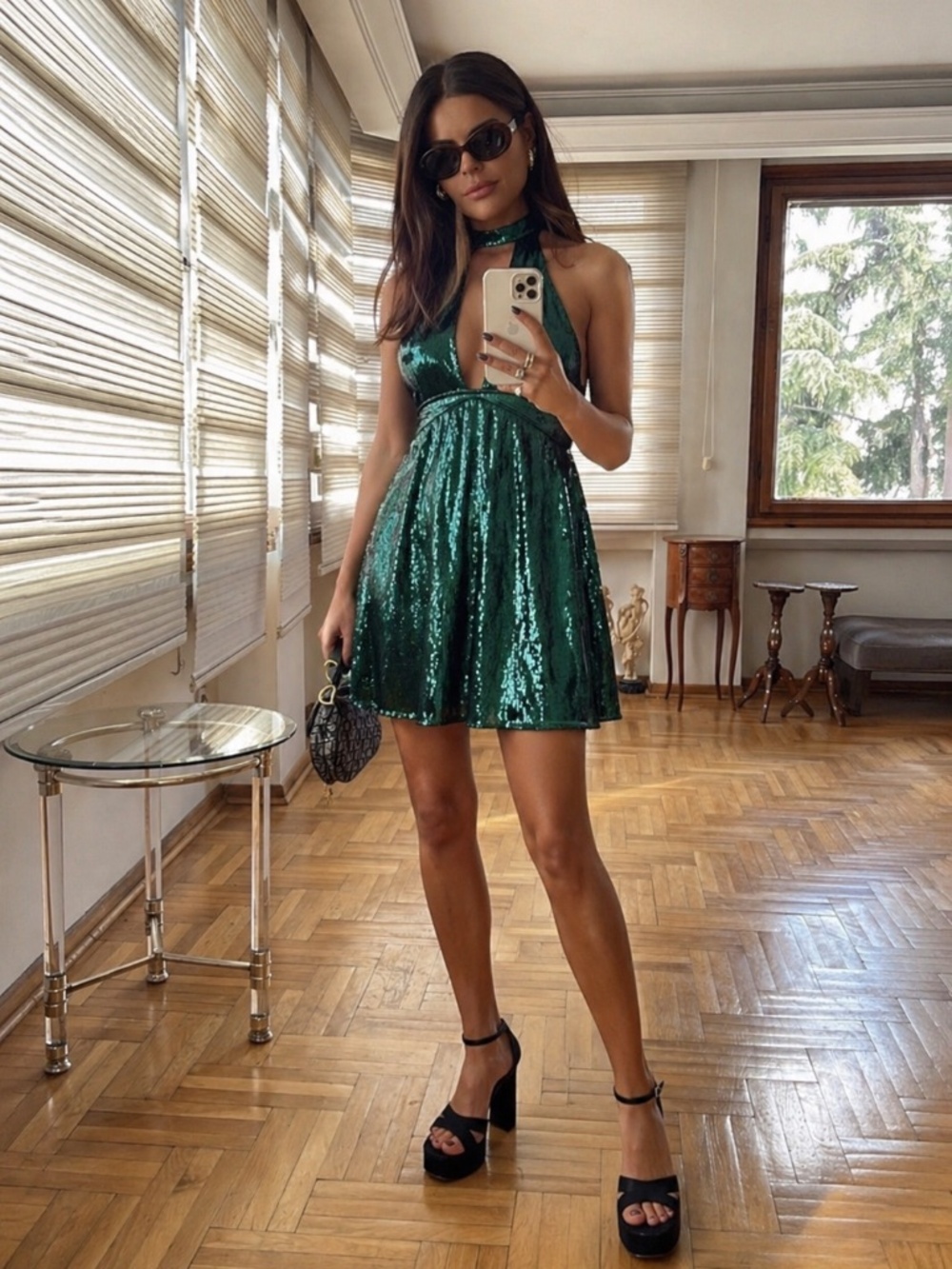 FREE PEOPLE 'Film Noir' Green Sequins Velvet Trim Halter Club Dress